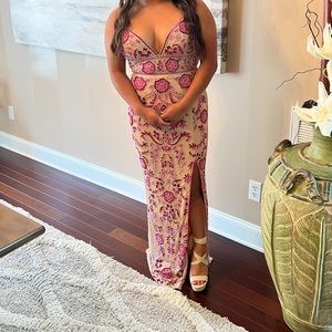 Jovani prom dress- size 6, fuchsia, pink, & clear beading on nude background.